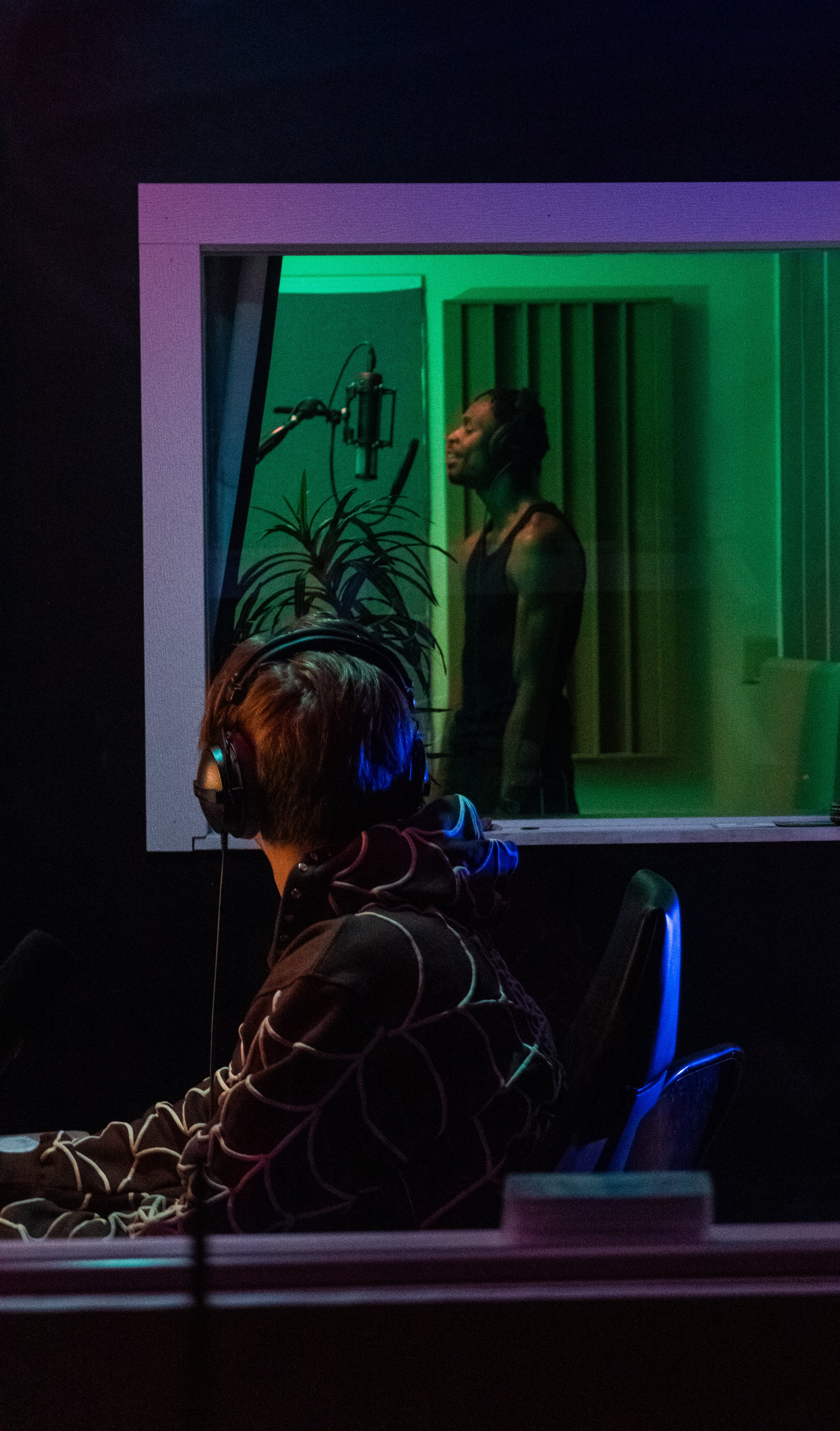 Top-down view of Studio B booth during a songwriting session