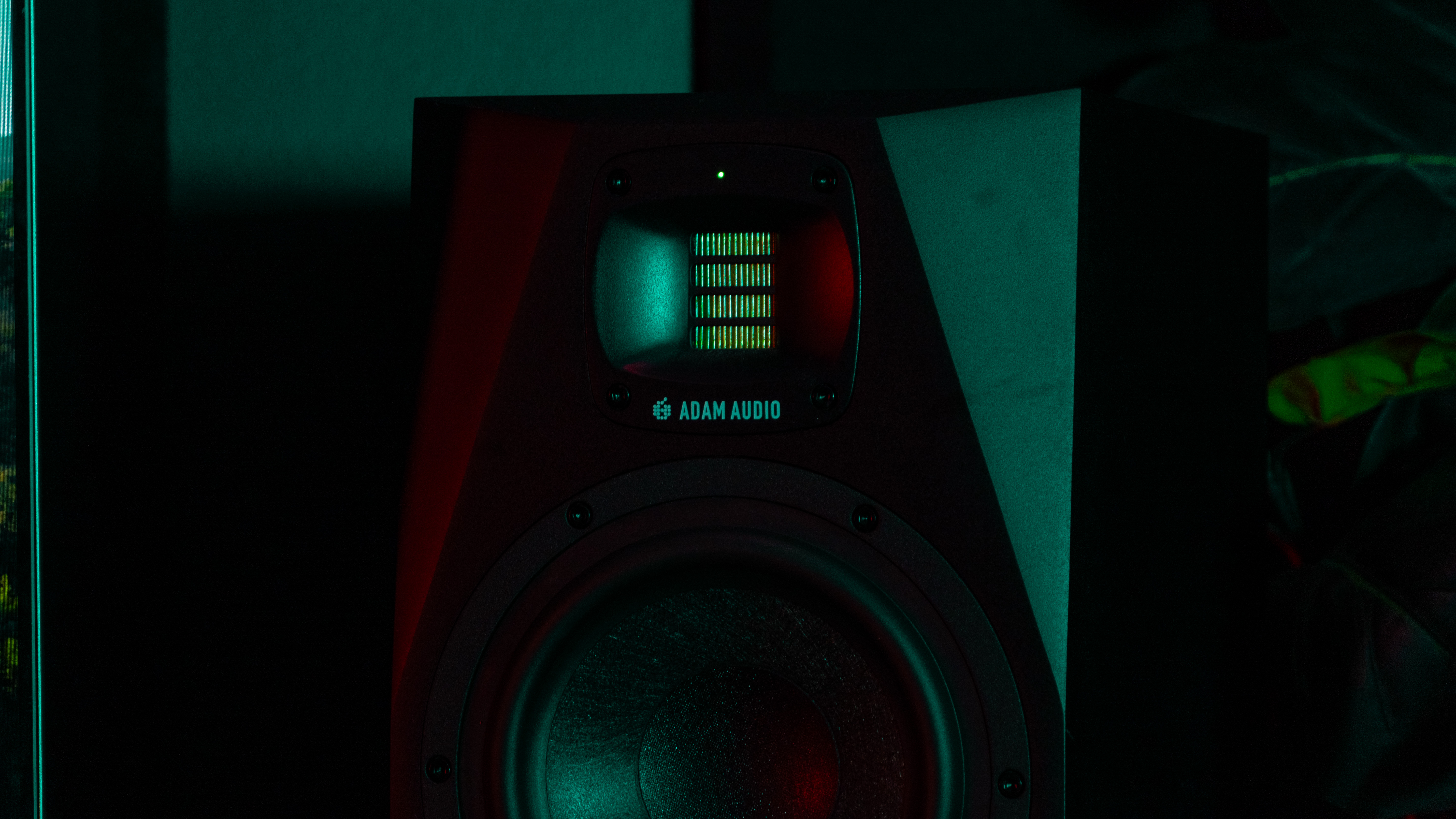 Close-up of Adam Audio monitor used for precision mixing